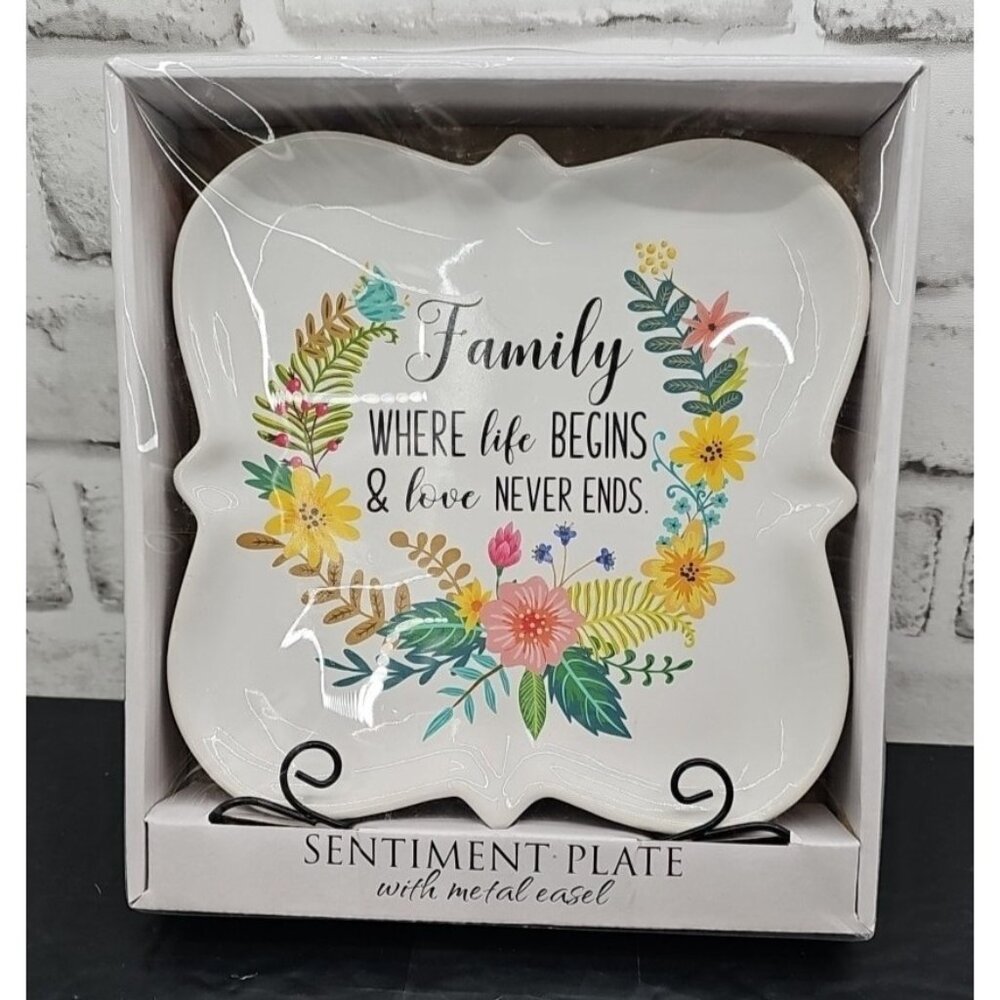 New 7x7" White Home Blessings Family Sentiment Plate w/ Metal Easel Gift Decor
